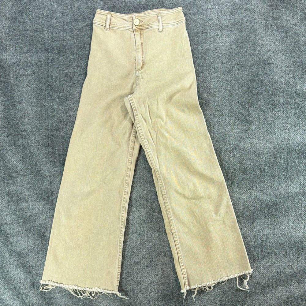 Miou Muse Tan Khaki High Waisted Wide Leg Raw Hem Jeans Small Distressed